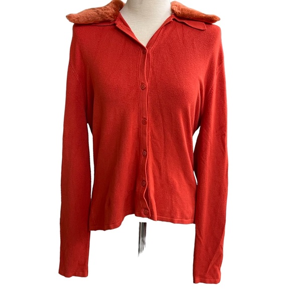 BCBGMaxAzria Sweaters - BCBG Maxazria Sweater Nwt Large Orange Faux Fur Collar  Cardigan Button Front